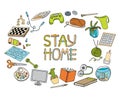 Outline colorful doodle hobbies set. Stay home concept. Top table and video games, painting, reading, sport, knitting, gardening Royalty Free Stock Photo