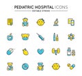 Outline colorful icons set. Pediatric hospital clinic and medical care. Editable stroke. Royalty Free Stock Photo