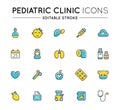 Outline colorful icons set. Pediatric hospital clinic and medical care. Editable stroke. Royalty Free Stock Photo