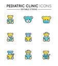 Outline colorful icons set. Pediatric hospital clinic and medical care. Royalty Free Stock Photo