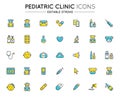 Outline colorful icons set. Pediatric hospital clinic and medical care. Editable stroke. Vector Royalty Free Stock Photo