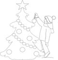 Outline, coloring, the child hangs a Christmas ball on the Christmas tree on the street, vector