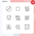 Group of 9 Outlines Signs and Symbols for lock, love, generic, heart, cup