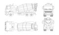 Outline concrete mixer truck. Side, top, front and back views. Isolated lorry blueprint. Industrial drawing