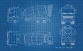 Outline concrete mixer truck. Side, top, front and back views. Lorry blueprint. Industrial drawing. Construction vehicle