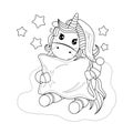 Outline, contour of a cute unicorn in pajamas and a cap hugs a pillow Royalty Free Stock Photo