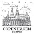 Outline Copenhagen Denmark City Skyline with Modern and Historic Buildings Isolated on White. Copenhagen Cityscape with Landmarks