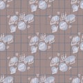 Outline crown elements and hearts seamless naive pattern. Blue circle splashes and grey background with check