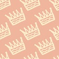 Outline crown hand drawn ornament seamless pattern. Light contoured elements on pastel soft pink background