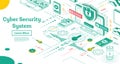 Outline Cyber Security Concept. Isometric Illustration Isolated on White