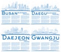 Outline Daejeon, Gwangju, Daegu and Busan South Korea City Skylines Set with Copy Space