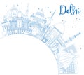 Outline Delhi India City Skyline with Blue Buildings with Copy S