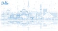 Outline Delhi India City Skyline with Blue Buildings and Reflect