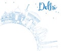 Outline Delhi Skyline with Blue Buildings and Copy Space.