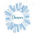 Outline Denver Skyline with Blue Buildings and Copy Space.