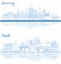 Outline Depok and Semarang Indonesia City Skylines with Blue Buildings and Reflections