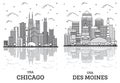 Outline Des Moines Iowa and Chicago Illinois USA City Skyline Set Royalty Free Stock Photo