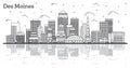 Outline Des Moines Iowa City Skyline with Modern Buildings and Reflections Isolated on White Royalty Free Stock Photo