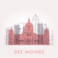 Outline Des moines skyline with landmarks. Royalty Free Stock Photo