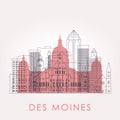 Outline Des moines skyline with landmarks.