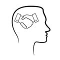 Outline design icon with human head, brain and black linear hand