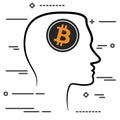 Outline design icon with human head and black linear bitcoin