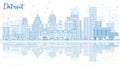 Outline Detroit Skyline with Blue Buildings and Reflections. Royalty Free Stock Photo