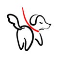 Outline dog on leash illustration. Backside puppy walking line art. Walk with pets logo. Doggy company emblem and Royalty Free Stock Photo