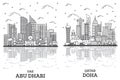 Outline Doha Qatar and Abu Dhabi United Arab Emirates City Skyline Set Royalty Free Stock Photo