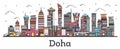 Outline Doha Qatar City Skyline with Color Buildings Isolated on White Royalty Free Stock Photo