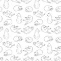 Outline domestic cat in different poses seamless pattern. Cute kittens sitting, playing, sleeping. Hand drawn contour