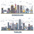 Outline Dongguan and Tianjin China City Skyline Set with Colored Historic and Modern Buildings
