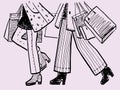 Outline doodle drawing of legs two fashionable city women walking with shopping bags outdoors Royalty Free Stock Photo