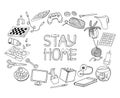 Outline doodle hobbies set. Stay home concept frame. Top table and video games, painting, reading, sport, knitting, gardening Royalty Free Stock Photo