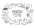 Outline doodle hobbies set. Stay home concept frame. Top table and video games, painting, reading, sport, knitting, gardening Royalty Free Stock Photo