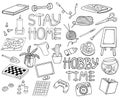 Outline doodle hobbies set. Stay home concept. Top table and video games, painting, reading, sport, knitting, gardening Royalty Free Stock Photo