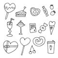 Outline Doodle sweets with cute hearts set Royalty Free Stock Photo