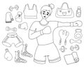 Outline doodles female sports. Happy woman boxer, sports equipment and kettlebell, boots, sportswear, jump rope and