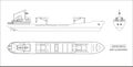 Outline drawing of cargo ship on a white background. Top, side and front view. Container transport Royalty Free Stock Photo