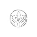 Outline drawing of caring hands holding plant sapling with water drop surrounded by circle. Environment conservation Royalty Free Stock Photo