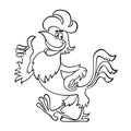 Outline drawing of a cartoon rooster. Vector image of a funny, boastful rooster in cartoon style. Cheerful cockerel raises his