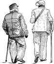Outline drawing of couple elderly citizens with walking canes strolling outdoors Royalty Free Stock Photo