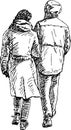 Outline drawing of couple young casual citizens walking outdoors