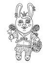 Outline drawing a cute rabbit girl fairy in the princess crown and a magic wand cartoon character on isolated white background