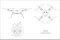 Outline drawing of drone on a white background. The control panel of quadrocopter . Front, top view