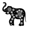 Outline drawing of an elephant black with white flowers