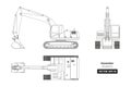 Outline drawing of excavator. Top, side and front view. Diesel blueprint. Hydraulic machinery. Industrial document