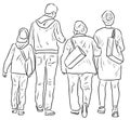 Outline drawing of family casual citizens walking outdoors together