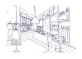 Outline drawing of fashionable clothing shop interior with furnishings, showcases, mannequins dressed in stylish apparel