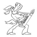 Outline drawing of a funny dog playing a guitar isolated on white. The dog from the Bremen Town Musicians plays the keytar. Vector